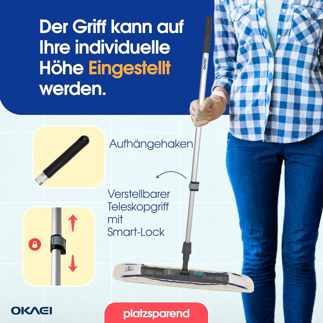 OKAEI Mop Set: Klapphalter mit Aluminium-Teleskopstiel – Verstellbar von 80 bis 145 cm – Robuster Mo