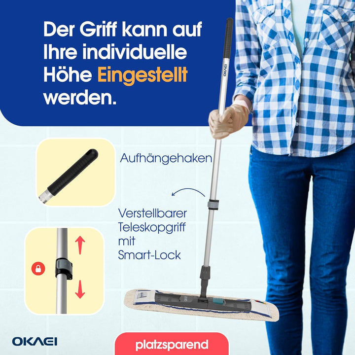 OKAEI Mop Set: Klapphalter mit Aluminium-Teleskopstiel – Verstellbar von 80 bis 145 cm – Robuster Mo