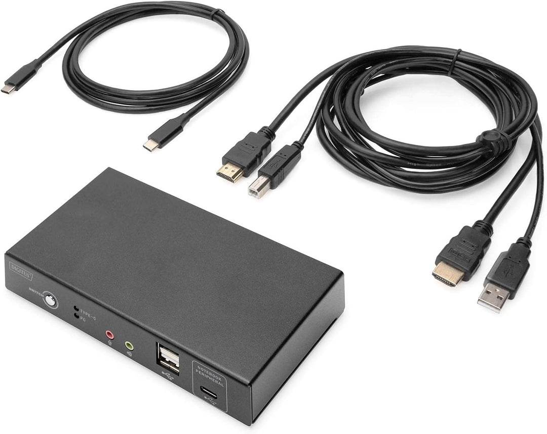 DIGITUS KVM-Switch HDMI – USB-C für Notebook-Anschluss – 2-Port Single-Display – 2 PC 1 Monitor – 1x