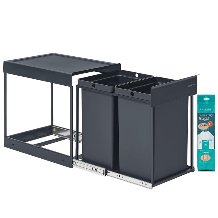SONGMICS Mülleimer küche, Mülltrennsystem für Unterschrank, 2 x 20 L, Abfalleimer 2 Fächer, ausziehb