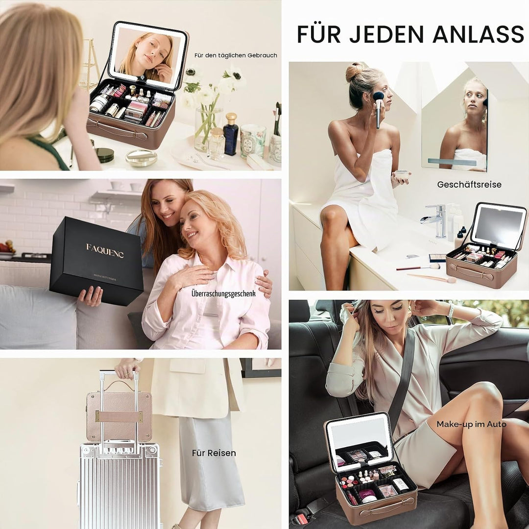 Leder-Kosmetiktasche mit LED-beleuchtetem Spiegel Reise-Kosmetikkoffer Einstellbare Helligkeit in 3