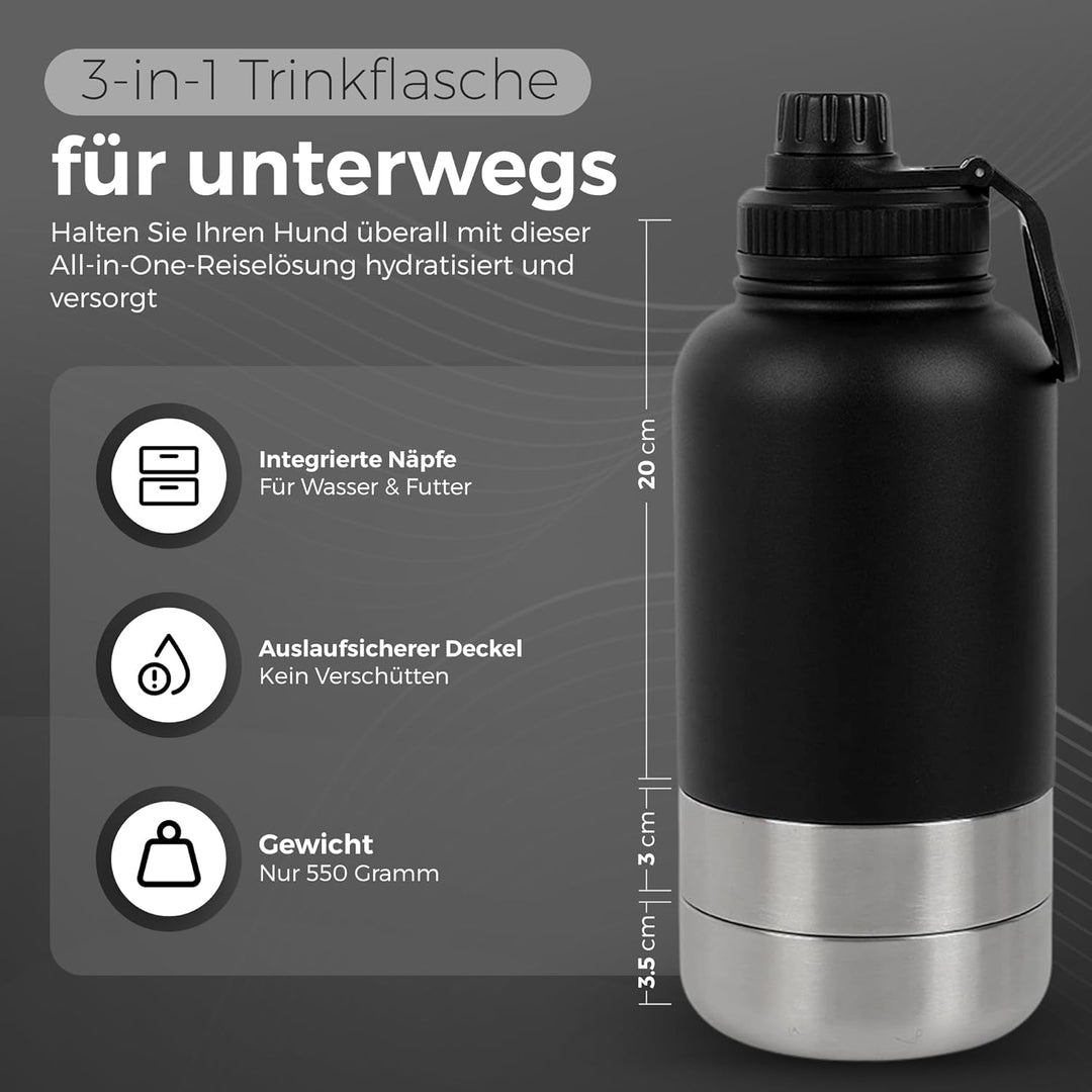 3-in-1 Trinkflasche Hunde für unterwegs – 800 ml Hundetrinkflasche für unterwegs aus Edelstahl – Hun