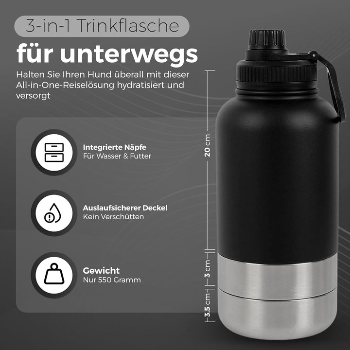 3-in-1 Trinkflasche Hunde für unterwegs – 800 ml Hundetrinkflasche für unterwegs aus Edelstahl – Hun