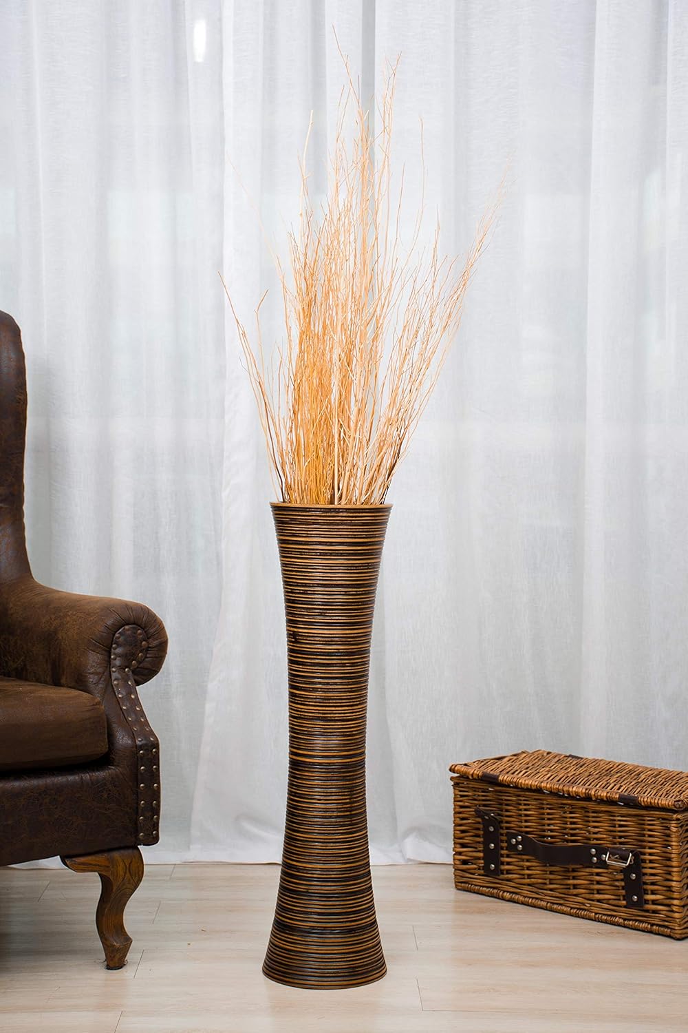 Leewadee Grosse Bodenvase für Dekozweige hohe Standvase Design Holzvase, Holz, 70 cm, braun 70 cm Br