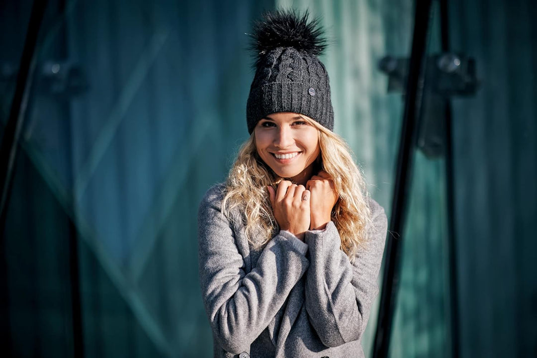 ELIMELI® Winter Mütze Damenmütze mit Fell-Bommel Fleece Innenfutter gefüttert - warme Damen Bommelmü