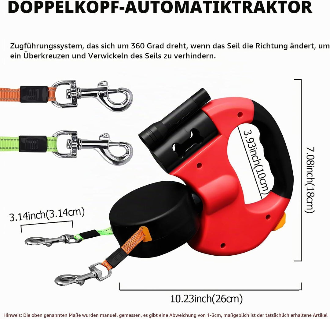 Doppelleine für 2 Hunde - Flexible Einziehbare Hundeleine Mit LED Licht, 3m, Ausziehbar Mit Bequemem