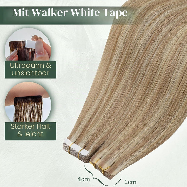 Ugeat Tape Extensions Echthaar Blond Haarverlängerung Echthaar Tapes Goldbraun mit Platinblond Invis