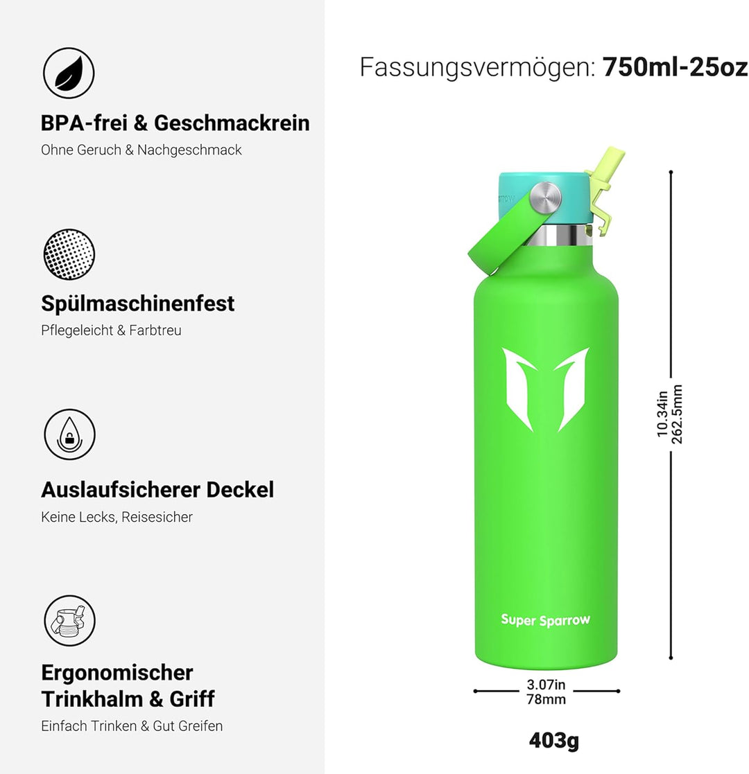 Super Sparrow Trinkflasche Edelstahl - Thermobecher - 350ml, 500ml, 750ml, 1L - Standardmund Stroh-D