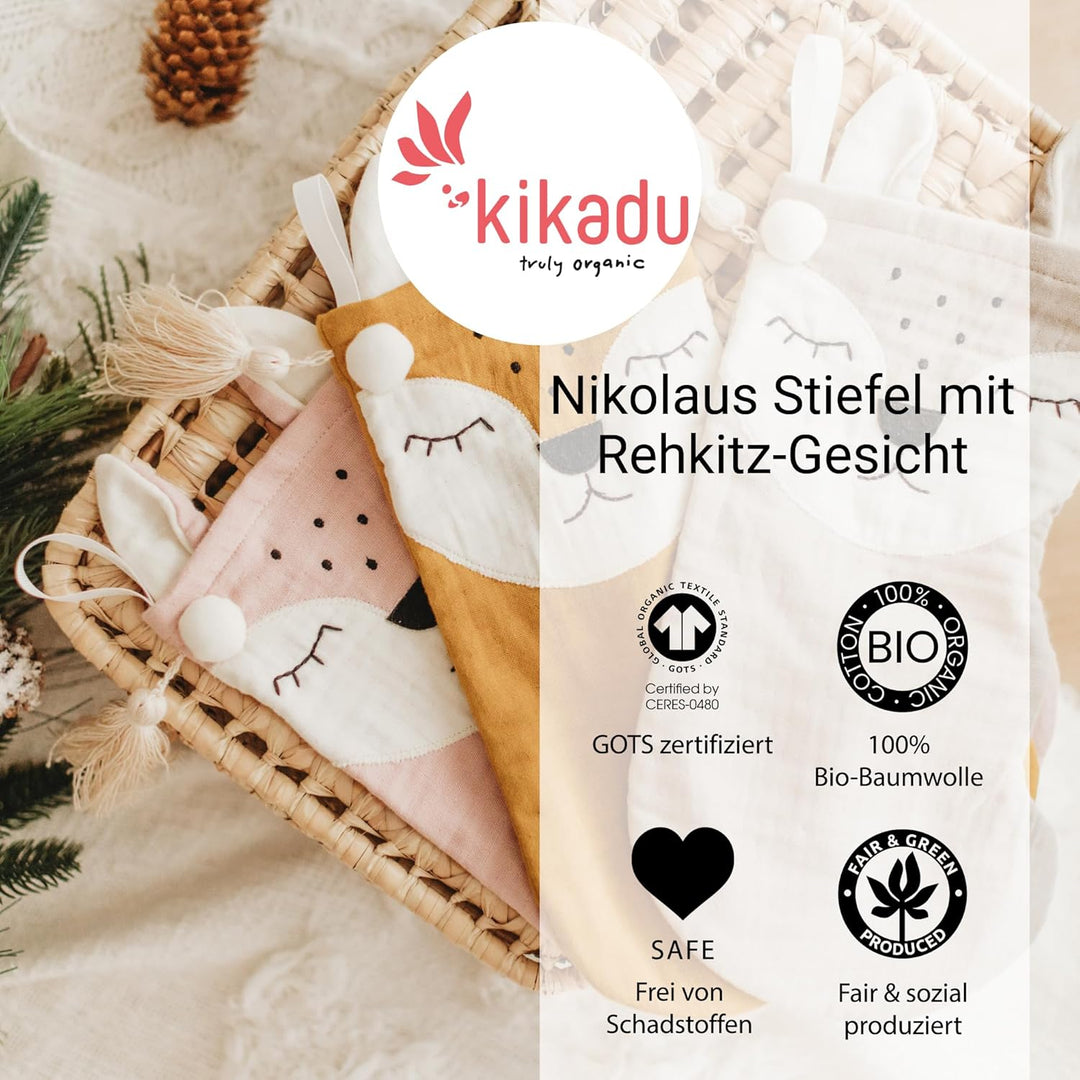 kikadu Nikolausstiefel Rehkitz Rose - Aus 100% GOTS zertifierter Bio-Baumwolle, mit besticktem Rehki