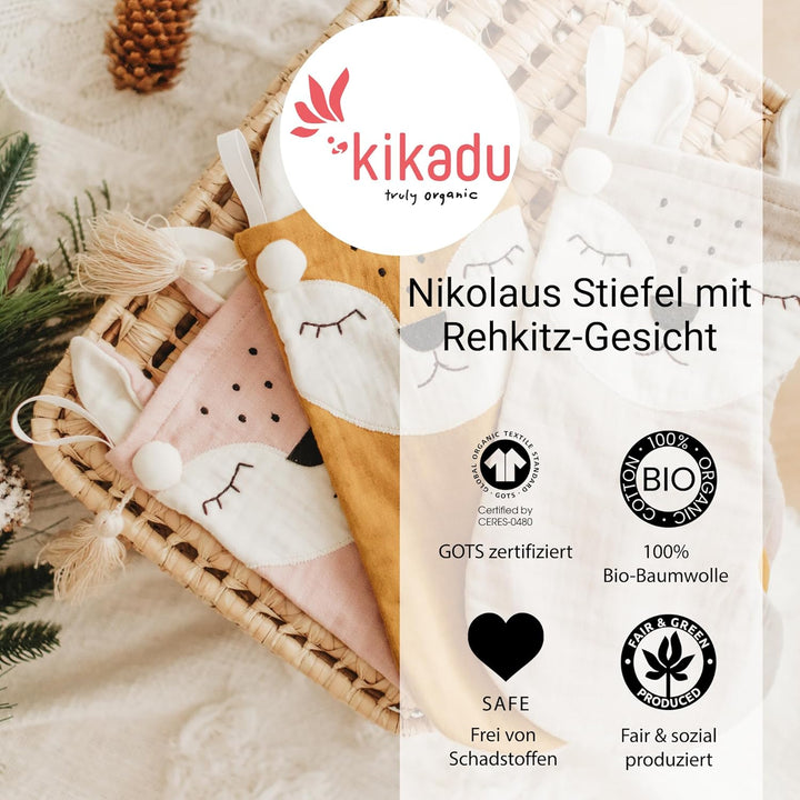 kikadu Nikolausstiefel Rehkitz Rose - Aus 100% GOTS zertifierter Bio-Baumwolle, mit besticktem Rehki