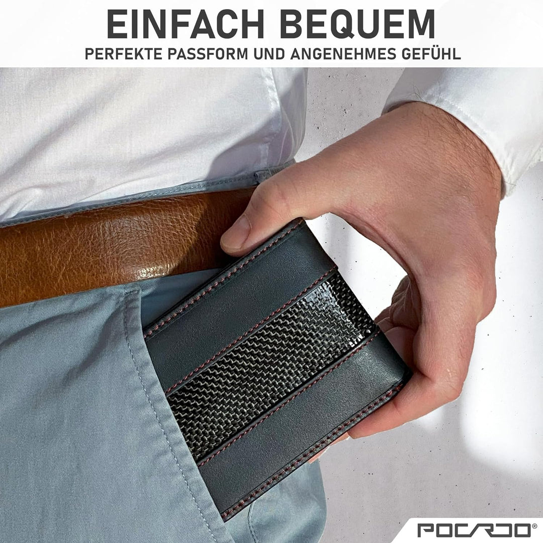 POCARDO Stripe Kompakte Herren Geldbörse aus Leder & Carbon - Exklusives Portemonnaie für Männer - S