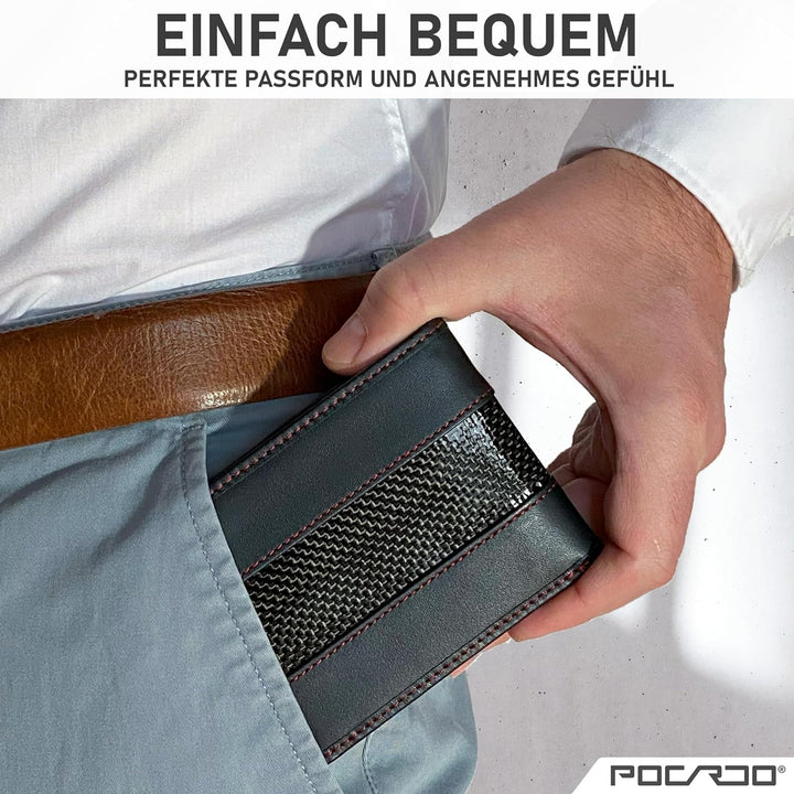 POCARDO Stripe Kompakte Herren Geldbörse aus Leder & Carbon - Exklusives Portemonnaie für Männer - S