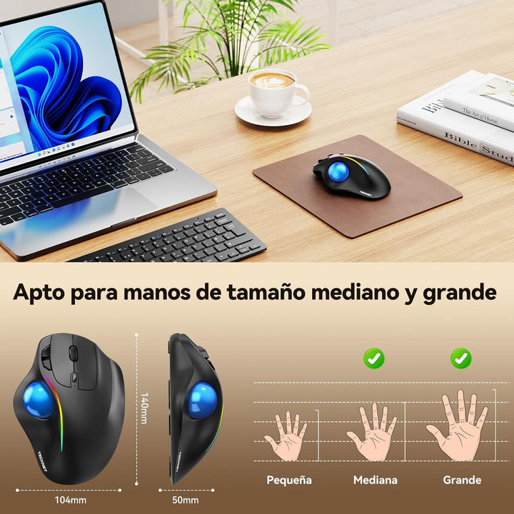 TECKNET Kabellose Trackball-Maus, Ergonomische Maus mit Bluetooth und verschlüsseltem Dongle, 6 Tast