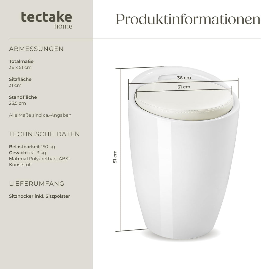 tectake® Sitzhocker, Badhocker, Hocker mit Stauraum und Sitzkissen, als Badezimmer Deko und Wäscheko