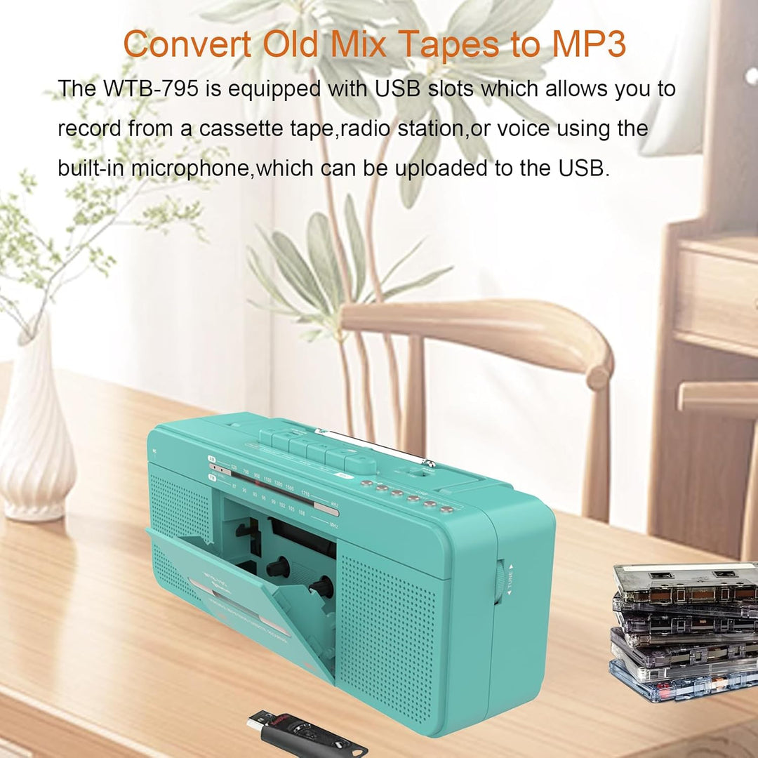 WTB-795 Retro Kassettenspieler mit USB/Bluetooth/AM/FM-Radio-Stereo, integriertem Mikrofonrecorder,
