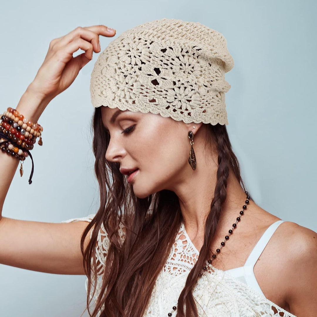 4 Stück gehäkelte Slouchy Beanie Mütze Herbst Handarbeit Strick Blumen Schädel Kappe Baumwolle Aussc