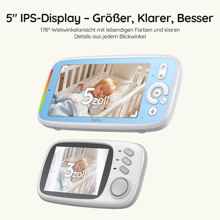 BOIFUN babyphone mit 2 kameras, 5 Zoll 720P HD IPS Bildschirm PTZ 360° View 3×Zoom VOX-Modus babyfon