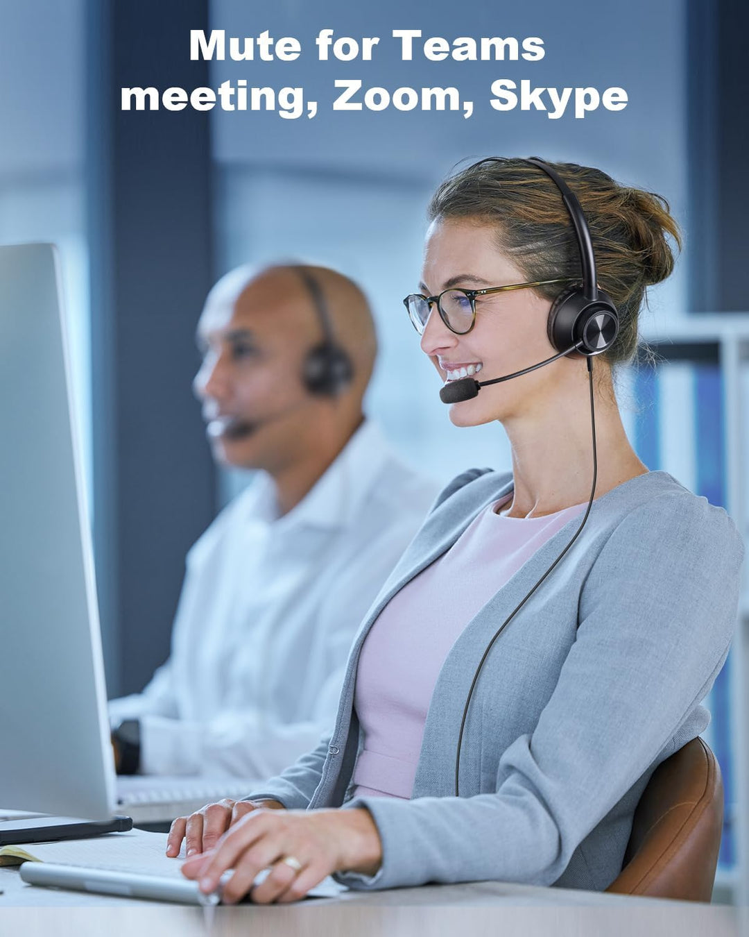 New Bee USB Headset mit Mikrofon, PC Headset mit USB-A & USB-C, Verstellbares Mikrofon für Call Cent