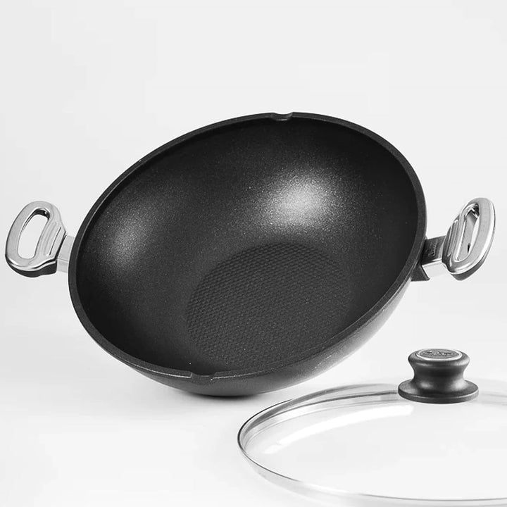 BAF Wok Induktion 32 cm mit Glasdeckel und Griffen - Aluguss Wokpfanne mit Antihaftbeschichtung, 10