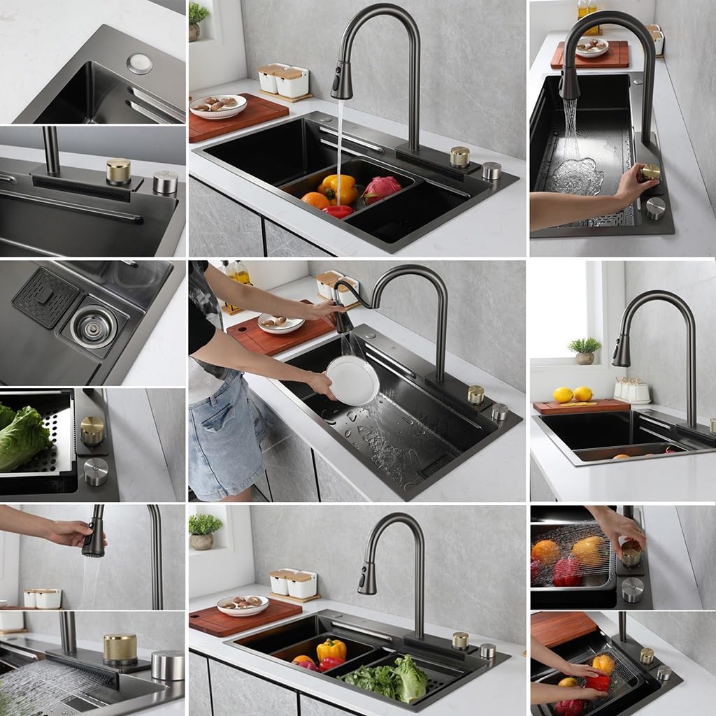Schwarze Nano-Küchenspüle Edelstahl Wasserfallspüle Set Nanobeschichtete Arbeitsplatzspüle mit herau