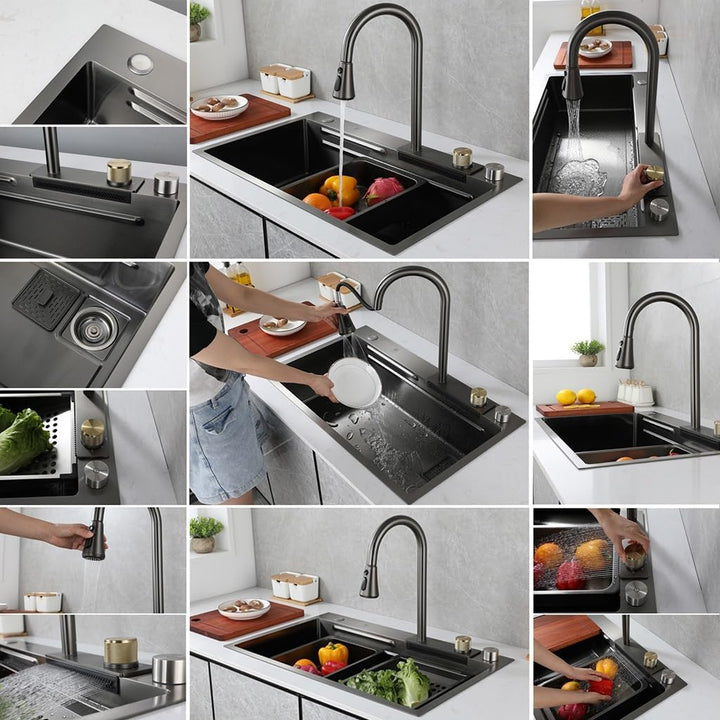 Schwarze Nano-Küchenspüle Edelstahl Wasserfallspüle Set Nanobeschichtete Arbeitsplatzspüle mit herau