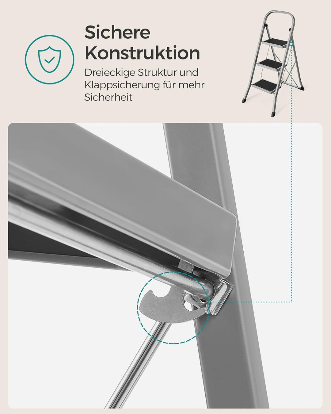 SONGMICS Klapptritt mit 3 Stufen, Trittleiter, Leiter, 20 cm breite Stufen, rutschfeste Gummimatten,