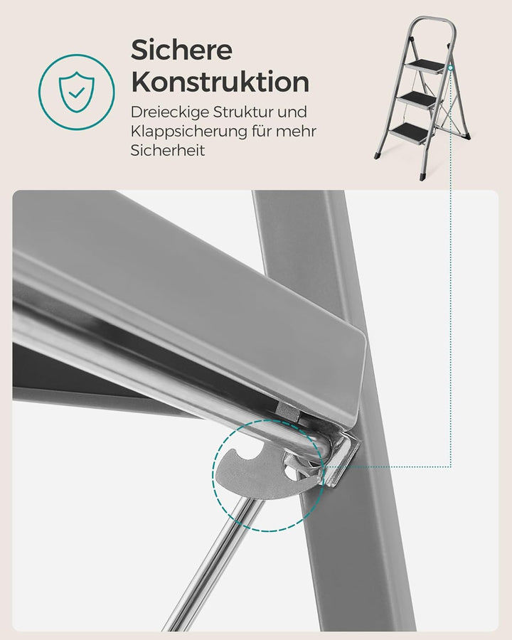 SONGMICS Klapptritt mit 3 Stufen, Trittleiter, Leiter, 20 cm breite Stufen, rutschfeste Gummimatten,