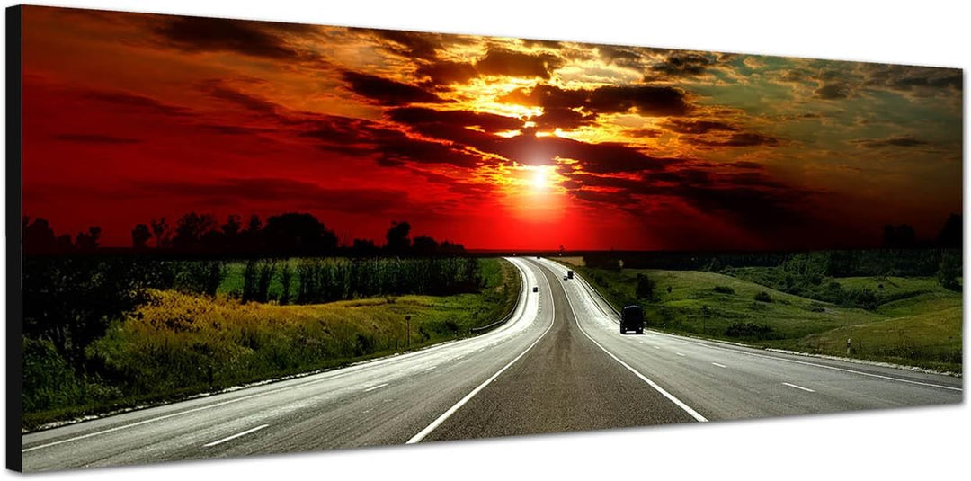Paul Sinus Art Panoramabild auf Leinwand und Keilrahmen 120x40cm Landschaft Strasse Abendrot Wolkenh