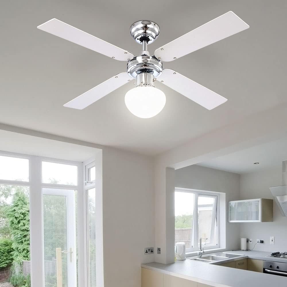Globo E27 Deckenventilator mit Chrom Klingen, silberfarben/Weiss 105 cm Wendeblätter