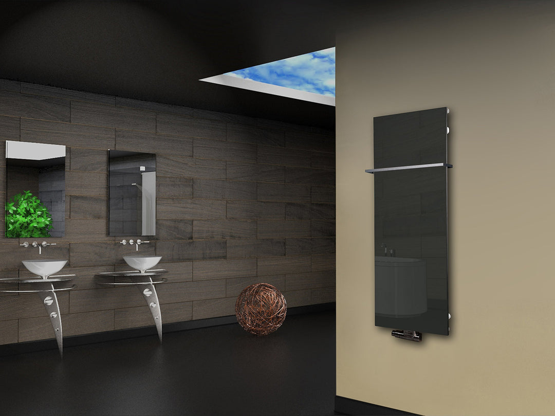 Badheizkörper mit Glas Design Montevideo 2 (Glasfront) 120x47cm 799 Watt anthrazit - moon +1 Halter