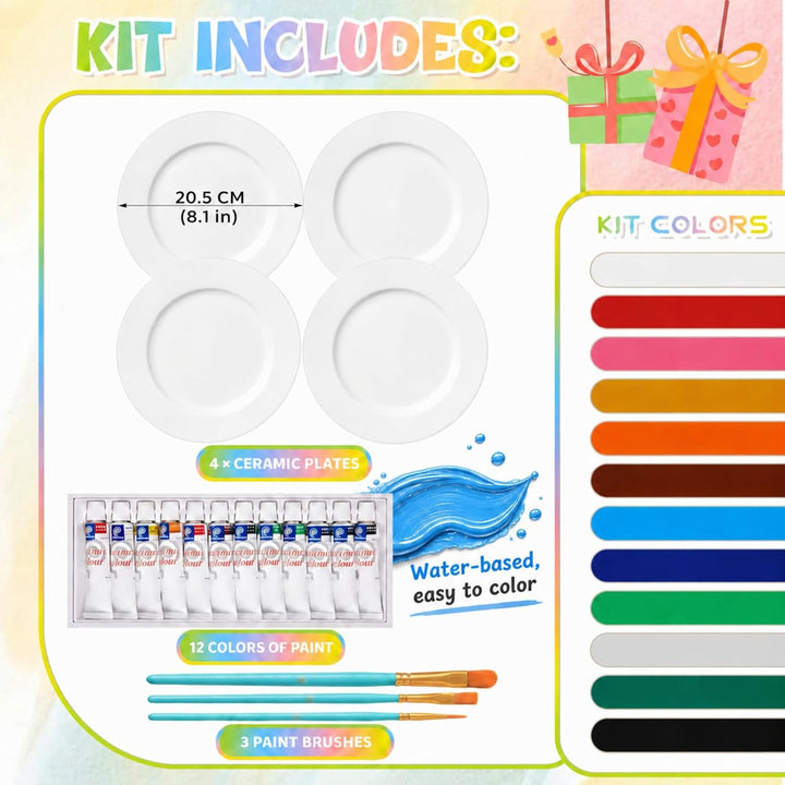 Sinmoe Keramik Bemalen Set Teller zum Bemalen Enthält 4 Porzellanteller 3 Pinsel 12 Acrylfarben 1 Ge