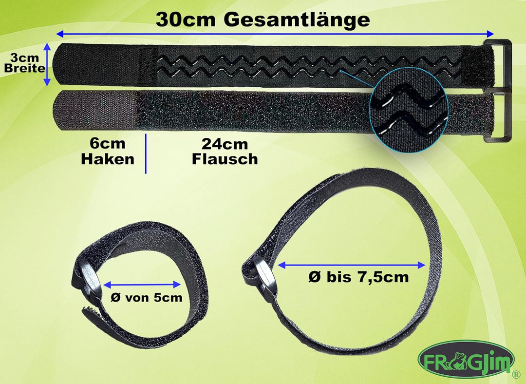 4x Klett-Kabelbinder 30cm schwarz mit Rutschstopp und Schnalle, ideal als Klett für Fahrrad oder Ski