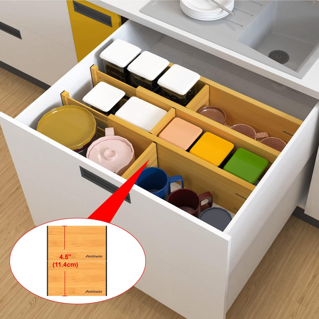 ANTOWIN Schubladentrenner Verstellbar Bambus (43-56 cm), Schubladen organizer, gefedert, Küche, Komm