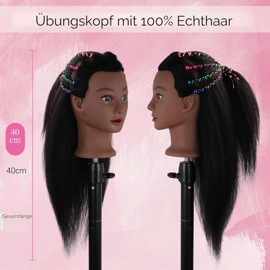 DiazySight schwarzer Mannequinkopf, Afro, 100 % Echthaar, gerader Styling-Kopf, Puppe für Mädchen zu