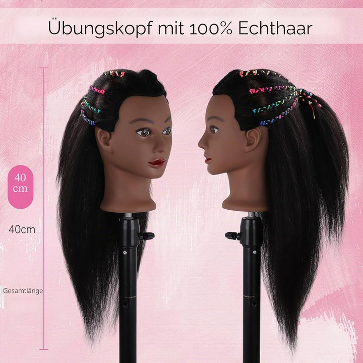 DiazySight schwarzer Mannequinkopf, Afro, 100 % Echthaar, gerader Styling-Kopf, Puppe für Mädchen zu