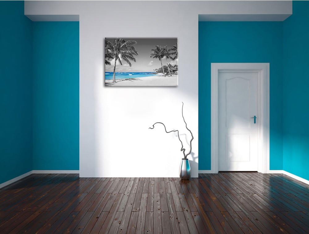 schöner Strand mit Palmen schwarz/weiss Format: 100x70 auf Leinwand, XXL riesige Bilder fertig gerah