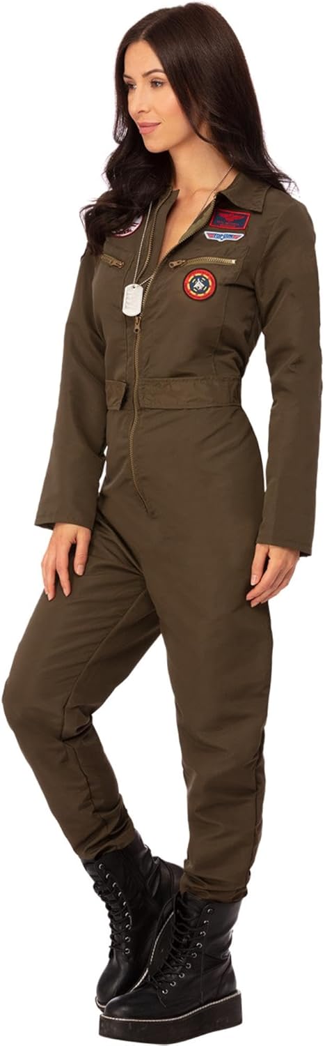 Smiffys Top Gun Damen Kostüm Khaki mit Overall Offiziell lizenzierte Top Gun Verkleidung Erwachsene