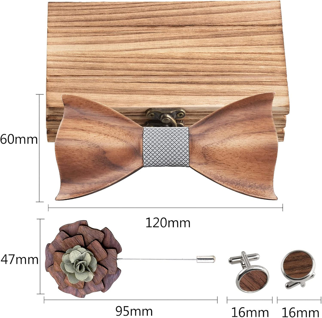 Mr.Van Holzfliege Klassische Set Fliege Herren,Holzfliege, Holz Manschettenknöpfe, Holzbrosche, Eins