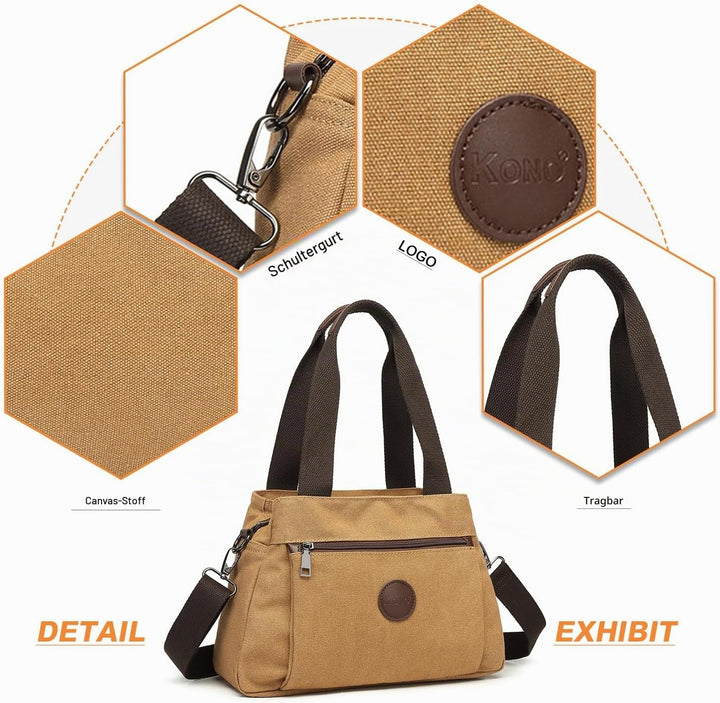 KONO Canvas Handtasche Damen Umhängetasche Hobo Schultertasche Vintage Crossbody Bag Casual Tasche F