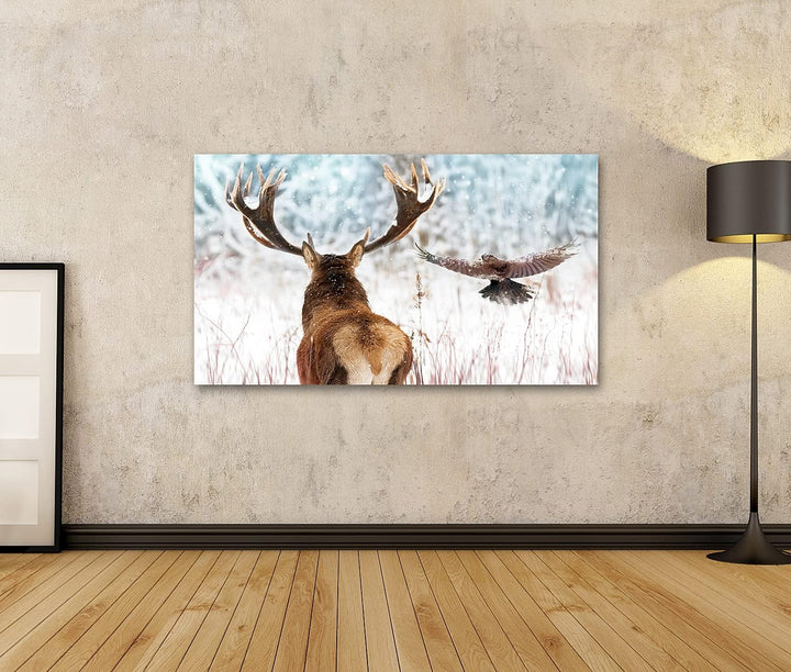 islandburner Bild auf Leinwand Edler Hirsch Grosse Hörner Rabe Flug Wintermärchen Wald Weihnachten W