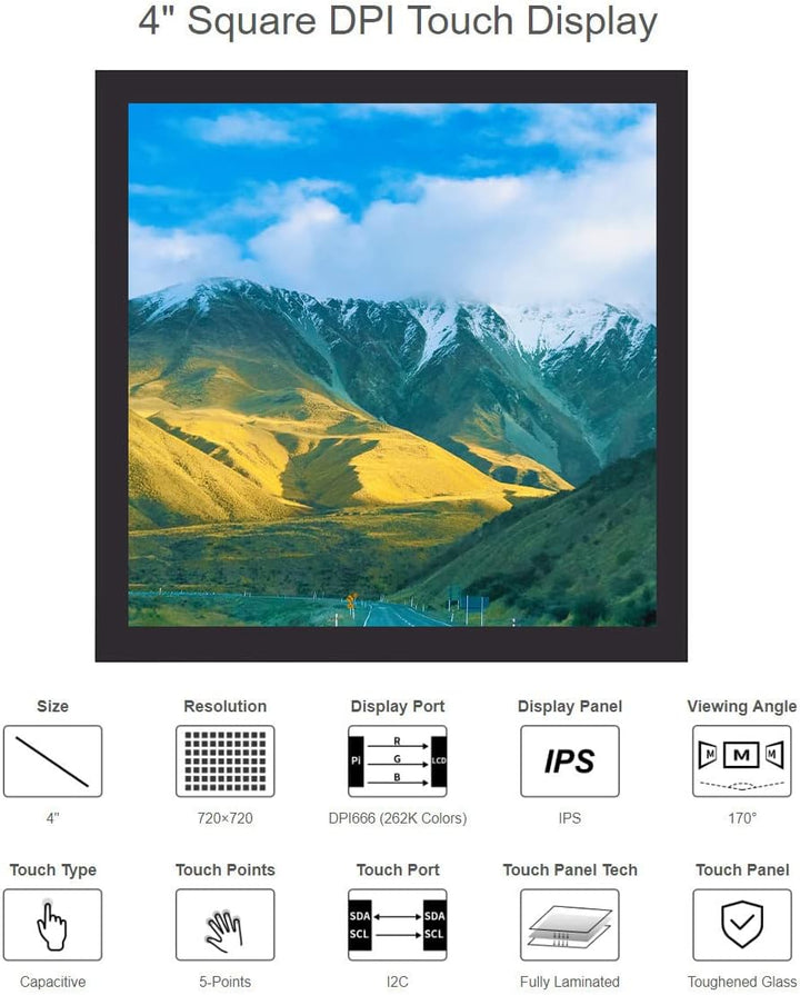 Waveshare 4inch Square Capacitive Touch Screen LCD (C) for Raspberry Pi 720×720 DPI IPS Toughened Gl