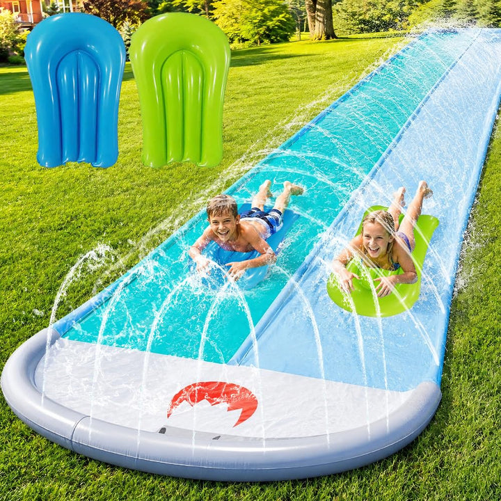 Mineup Wasserrutsche Garten, 550 * 140CM Wasserrutschmatte mit 2 Bodyboards, Doppelrutsche mit Einge