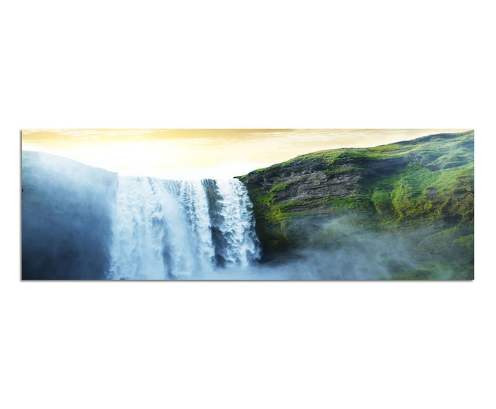 Paul Sinus Art Panoramabild auf Leinwand und Keilrahmen 150x50cm Wasserfall Felsen Himmel Sonnenstra