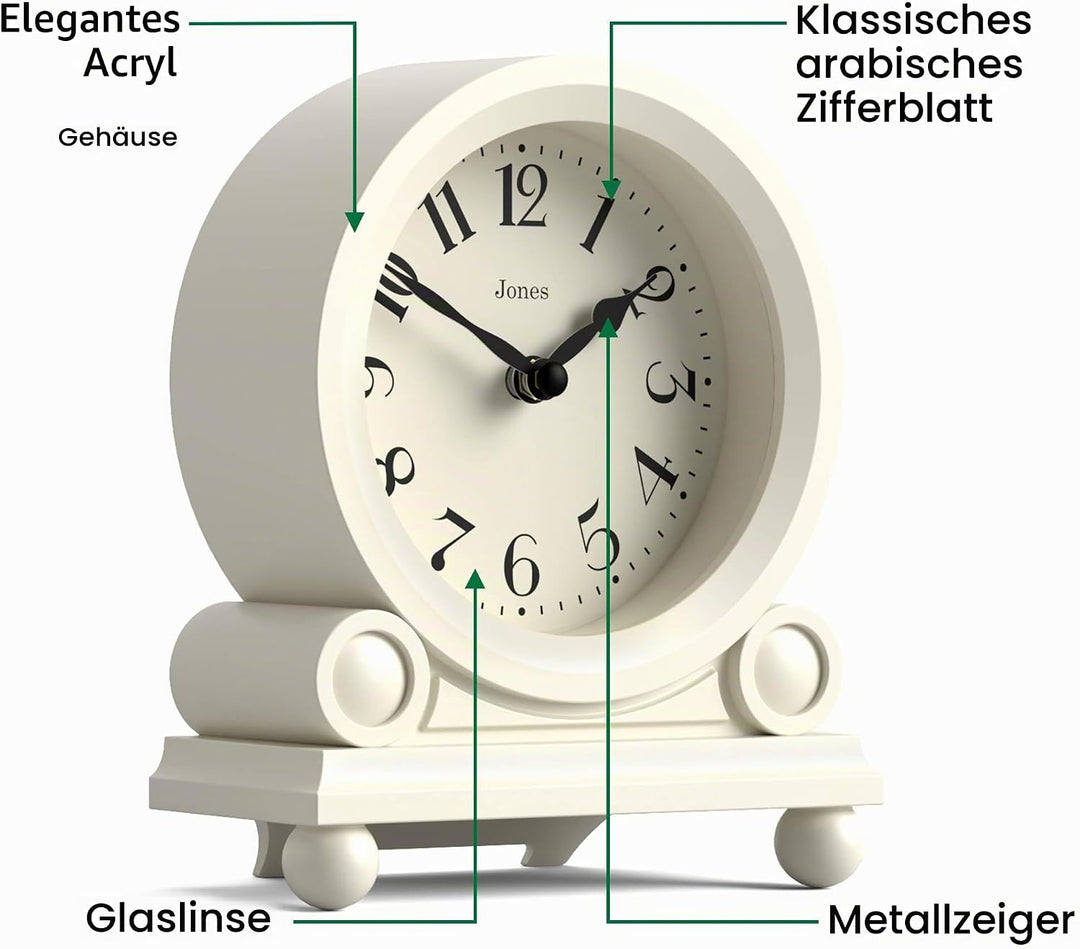 JONES CLOCKS® Maida Vale kaminuhr | Kleine traditionelle schreibtischuhr | Blasscreme | Hübsch und c