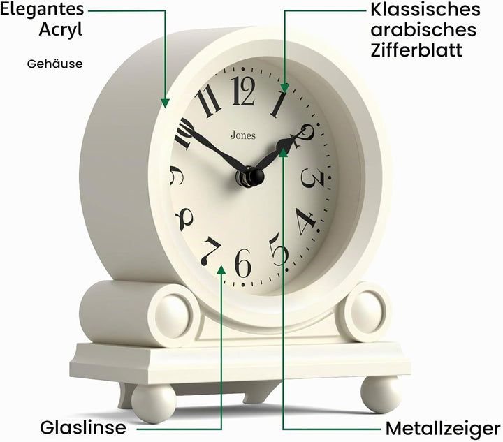 JONES CLOCKS® Maida Vale kaminuhr | Kleine traditionelle schreibtischuhr | Blasscreme | Hübsch und c