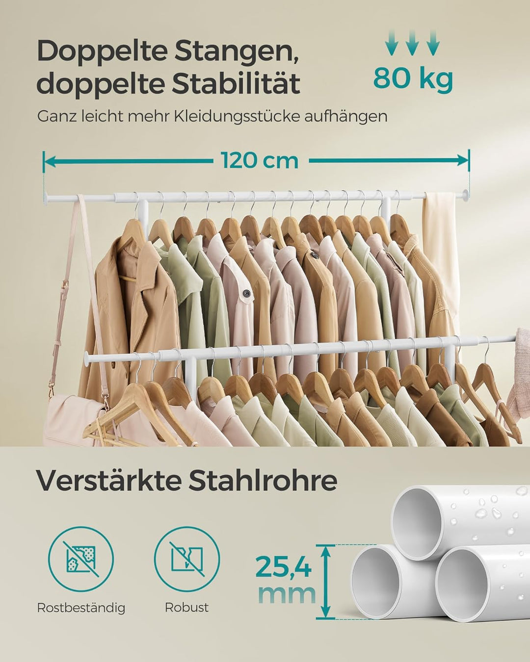 SONGMICS Kleiderständer auf Rollen, doppelte Stangen, ausziehbare Kleiderstangen, Garderobenständer