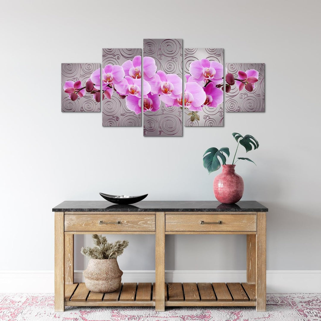 Runa Art Wandbilder Blumen Orchidee 5 Teilig Bild auf Vlies Leinwand Deko Wohnzimmer Abstrakt Violet