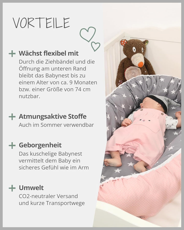 ULLENBOOM ® Babynest & Kuschelnest (55x95 cm) Rosa Grau (Made in EU) - Baby Nestchen aus Baumwolle,