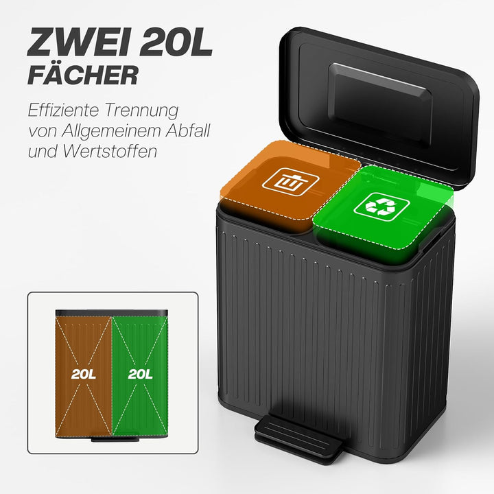 HOMCOM Mülleimer Küche 2 x 20 Liter Treteimer mit Abfallsortiersystem, Soft-Close-Deckel, Offenhalte