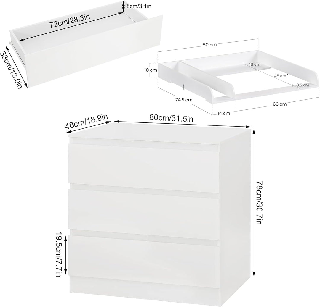 WOLTU Wickelkommode mit Wickelaufsatz, Kommode mit 3 Schubladen, Wickeltisch mit geräuscharmen Metal